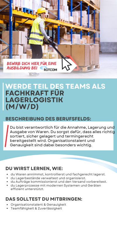 Banner mit Text zur Stellenanzeige als Lagerist/in, links ein Mann mit gelbem Helm und Warnweste in einem Lager mit Regalen und Kartons.