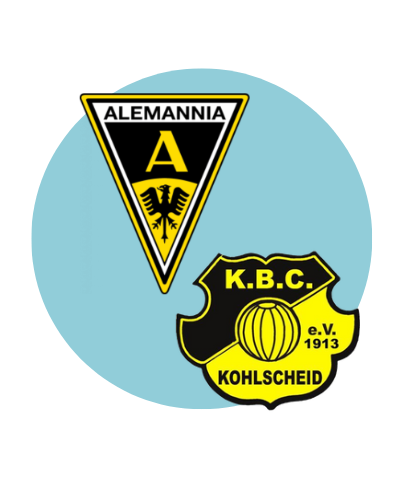 Vereinslogos von Alemannia mit schwarzem Adler und K.B.C. Kohlscheid mit gelbem Ball und Gründungsjahr 1913